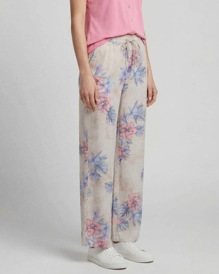 LILLIAN EXOTIC FLORAL NATURAL WOMENS WIDE-LEG LINEN PANT