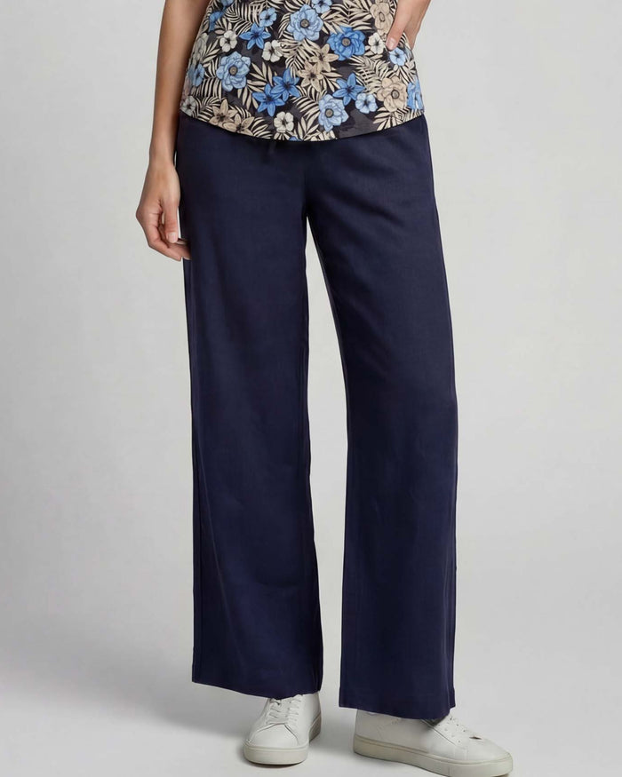 LILLIAN NAVY WOMENS WIDE-LEG LINEN PANT