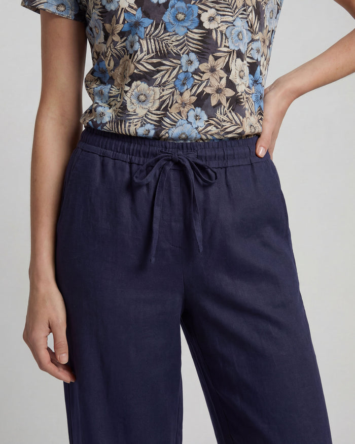 LILLIAN NAVY WOMENS WIDE-LEG LINEN PANT
