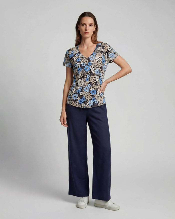 LILLIAN NAVY WOMENS WIDE-LEG LINEN PANT