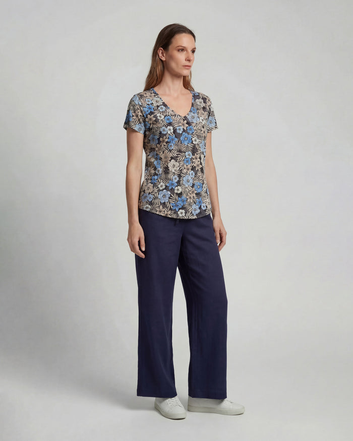 LILLIAN NAVY WOMENS WIDE-LEG LINEN PANT