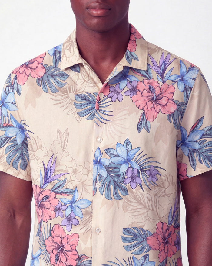 LOIC EXOTIC FLORAL NATURAL MENS LINEN PRINTED SHIRT