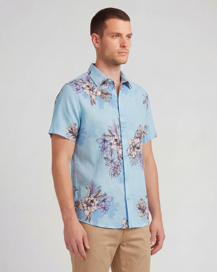 LOIC EXOTIC FLORAL TEAL MENS LINEN PRINTED SHIRT