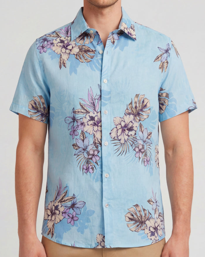 LOIC EXOTIC FLORAL TEAL MENS LINEN PRINTED SHIRT