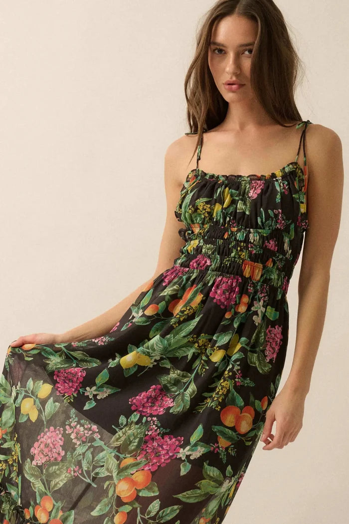 Luscious Life Fruit-Print Gathered Maxi Dress - ShopPromesa