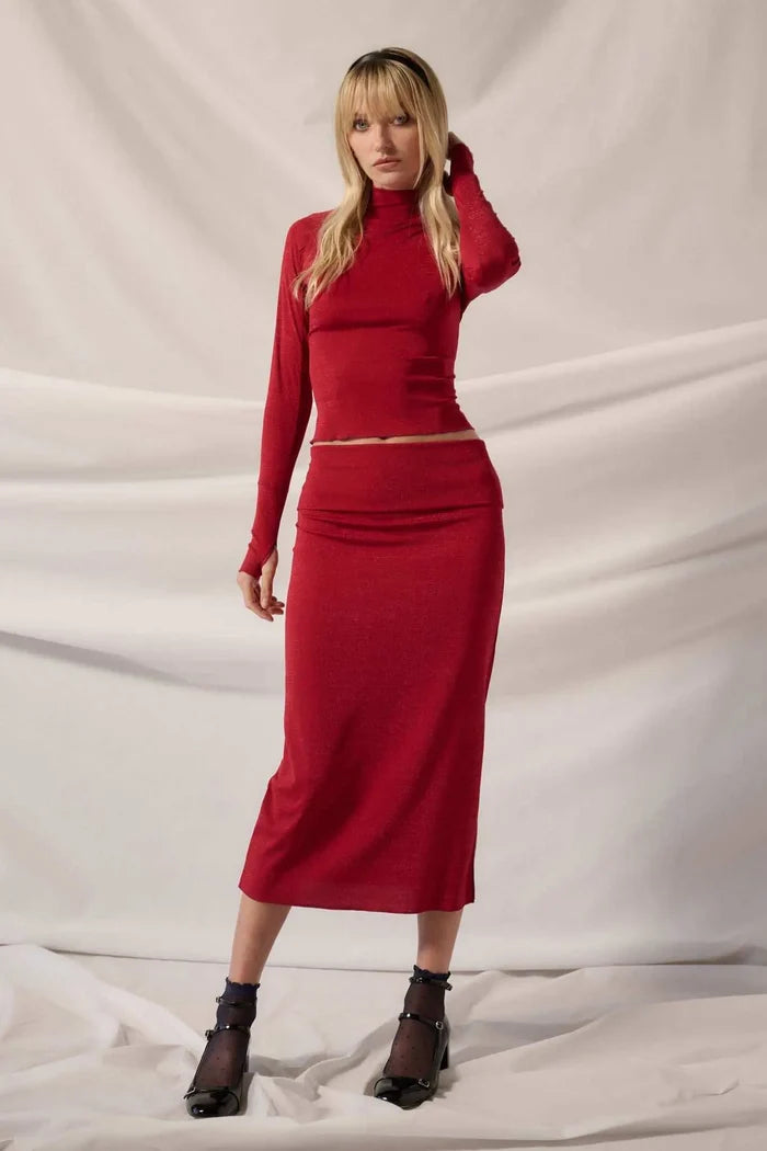 Make It Sparkle Shimmer Knit Foldover Midi Skirt - ShopPromesa