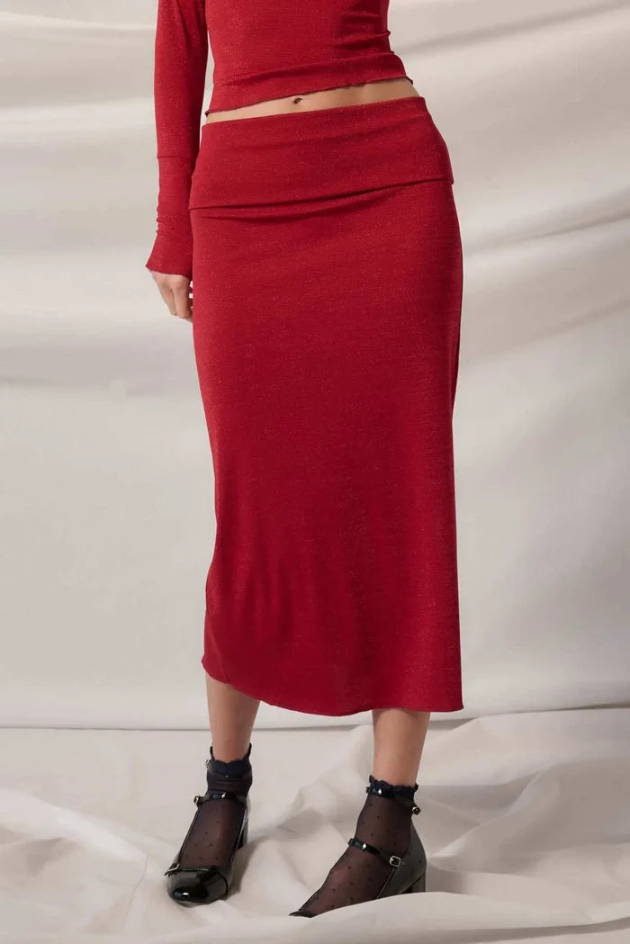 Make It Sparkle Shimmer Knit Foldover Midi Skirt - ShopPromesa