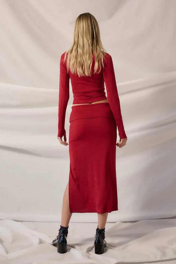 Make It Sparkle Shimmer Knit Foldover Midi Skirt - ShopPromesa