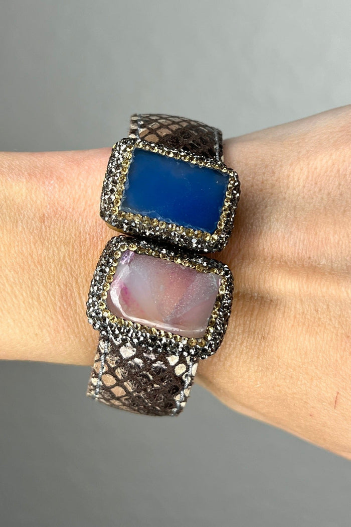 Style the Medium Splendor Gemstone Leather Cuff Bracelet exclusively at Born To Glam