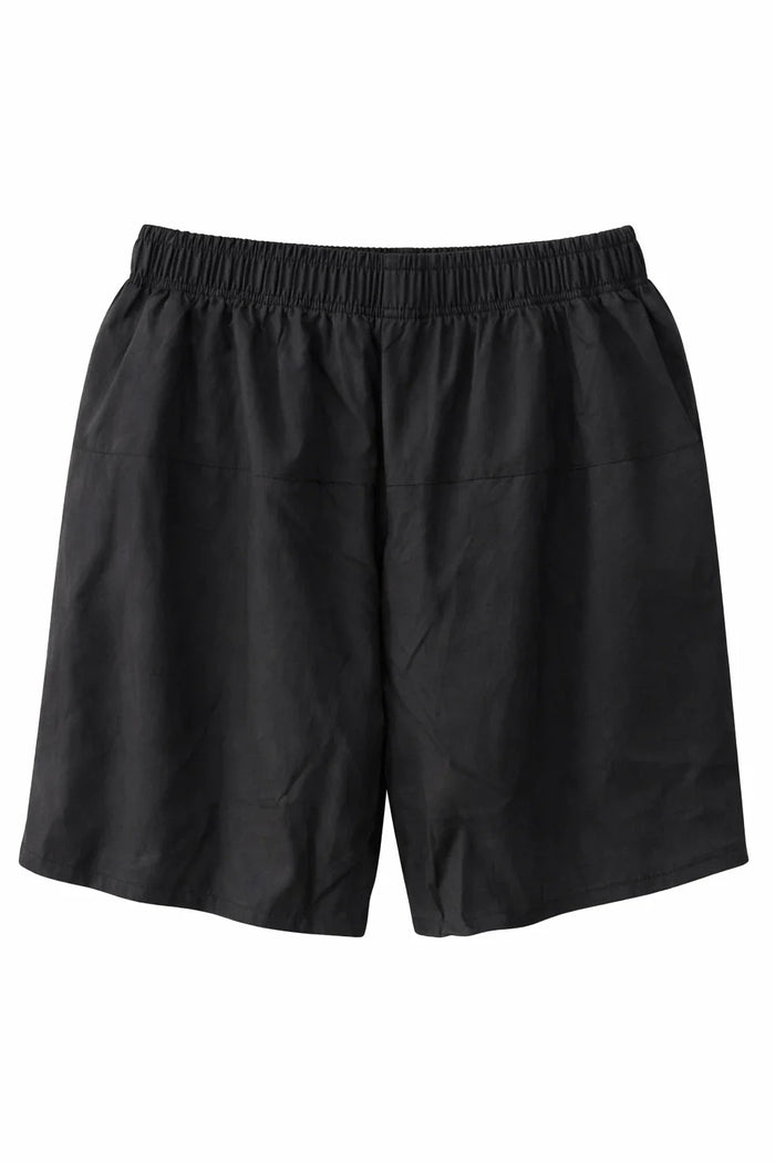Black casual shorts with elastic waistband, lightweight fabric, front view on white background