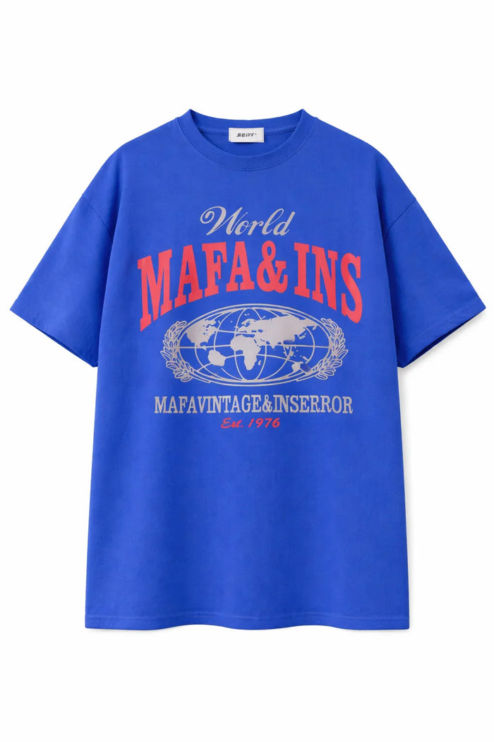 Blue graphic t-shirt with 'World MAFA&INS' text and globe print on front.