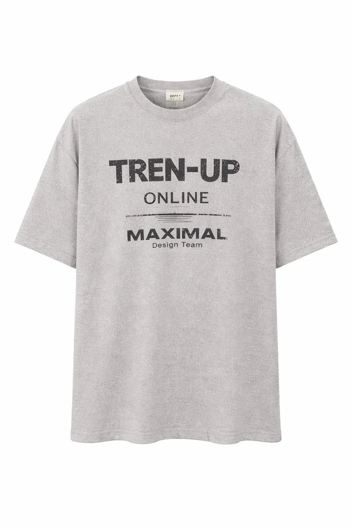 Light grey graphic t-shirt with 'TREN-UP ONLINE MAXIMAL Design Team' text print, short sleeves.