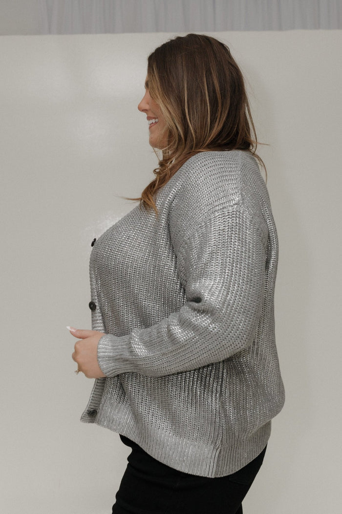 METALLIC SILVER BUTTON FRONT CARDIGAN - Love Marlow