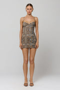 This is an image of Micro Mini Dress in Serpent - RESA featuring a model wearing the dress