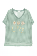 Mint sheer mesh top with short drop-shoulder sleeves, a V-neckline, sequin LOVE lettering, and floral accent details.
