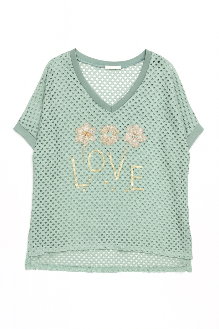 Mint sheer mesh top with short drop-shoulder sleeves, a V-neckline, sequin LOVE lettering, and floral accent details.