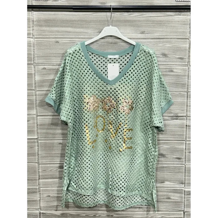 Mint Sequin Love Mesh Graphic Top - Born To Glam