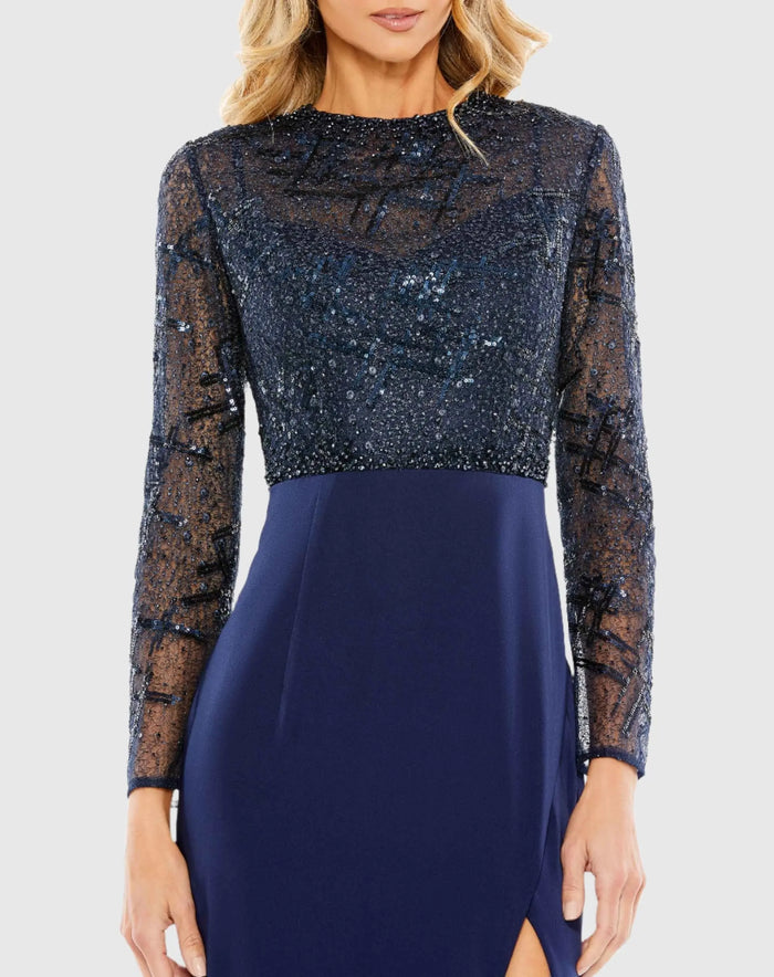 Embellished High Neck Bodice Faux Wrap Gown - Mac Duggal