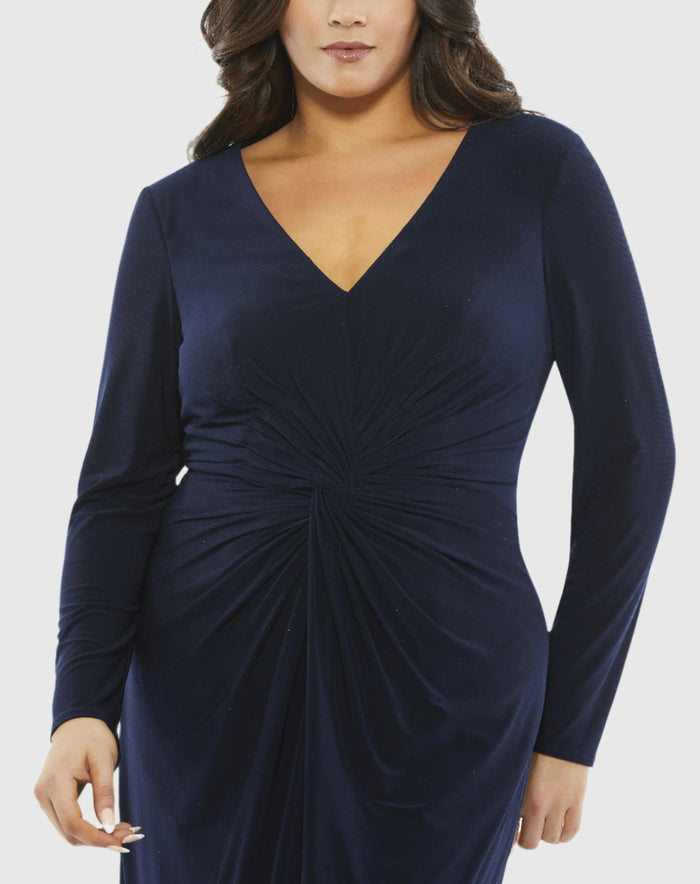 Front Twist Long Sleeve V-Neck Gown (Plus) - Mac Duggal