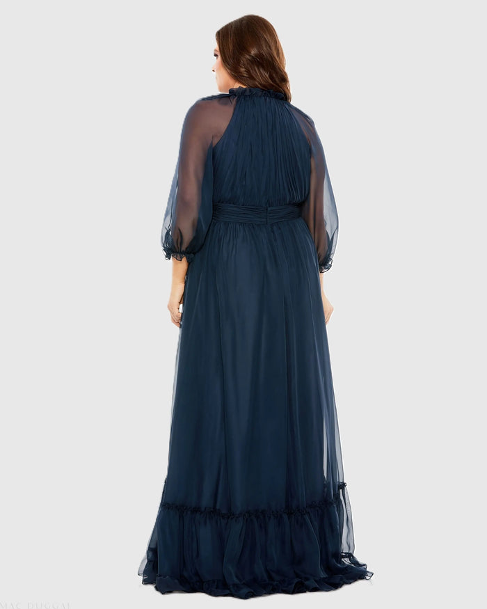 Navy High Neck Puff Sleeve Tiered A Line Gown - Mac Duggal