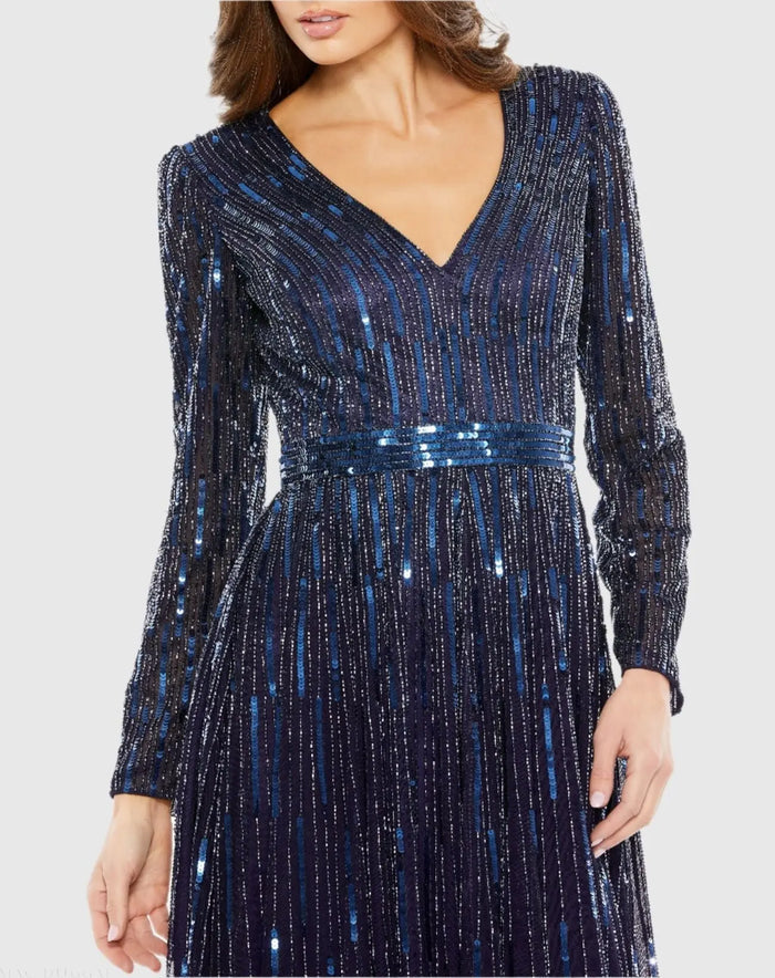Navy Long Sleeve Tea Length Dress - Mac Duggal