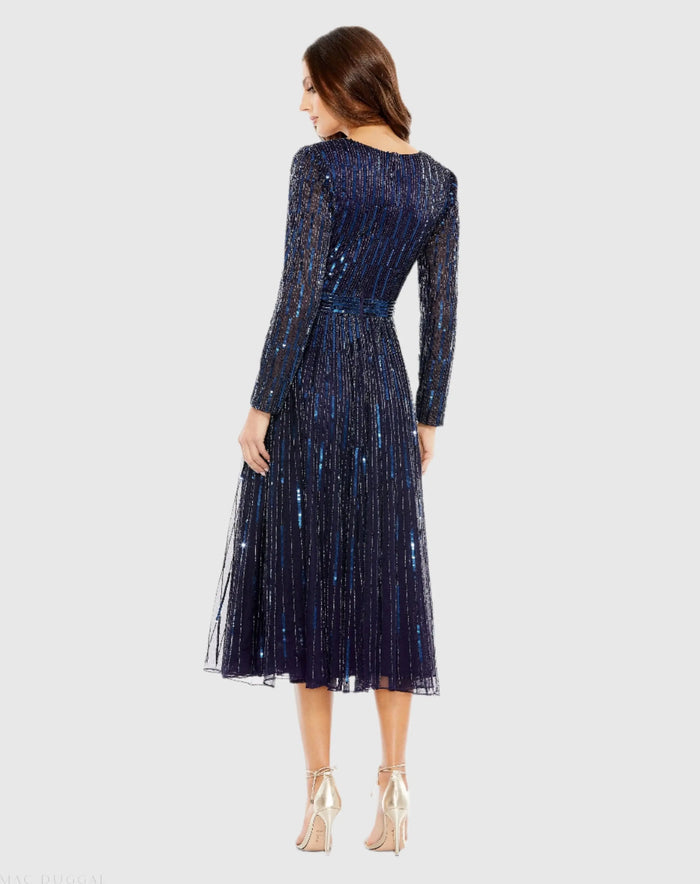 Navy Long Sleeve Tea Length Dress - Mac Duggal