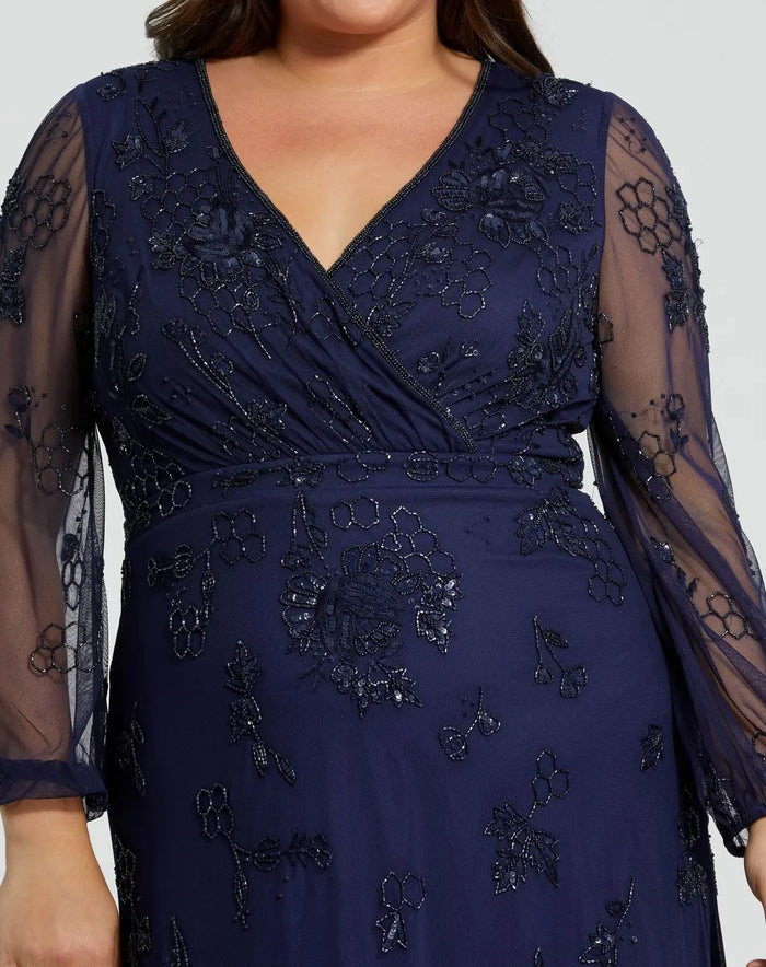 Navy Puff Sleeve V-Neck Tiered Embellished Gown (Plus) - Mac Duggal