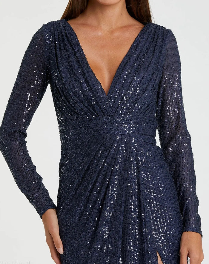 Navy Sequined Long Sleeve Gown - Ieena for Mac Duggal