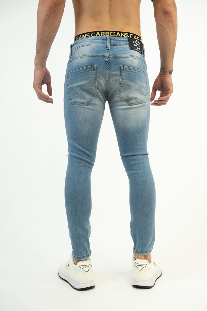 Back view of Men's Carbon Neil Jeans in light blue washed denim with a skinny fit and branded waistband.