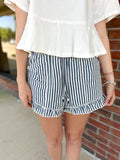 Newport Navy Striped Ruffle Hem Shorts