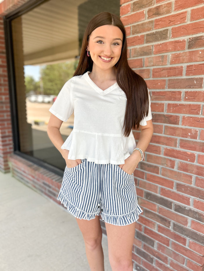 Newport Navy Striped Ruffle Hem Shorts