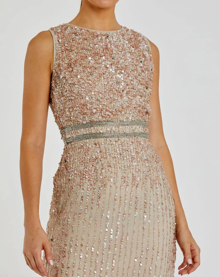 Nude Sleeveless High Neck Beaded Midi Sheath Dress - Mac Duggal