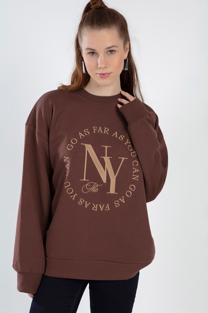 Model wearing a brown NY graphic sweatshirt with ribbed crew neck and oversized streetwear fit.