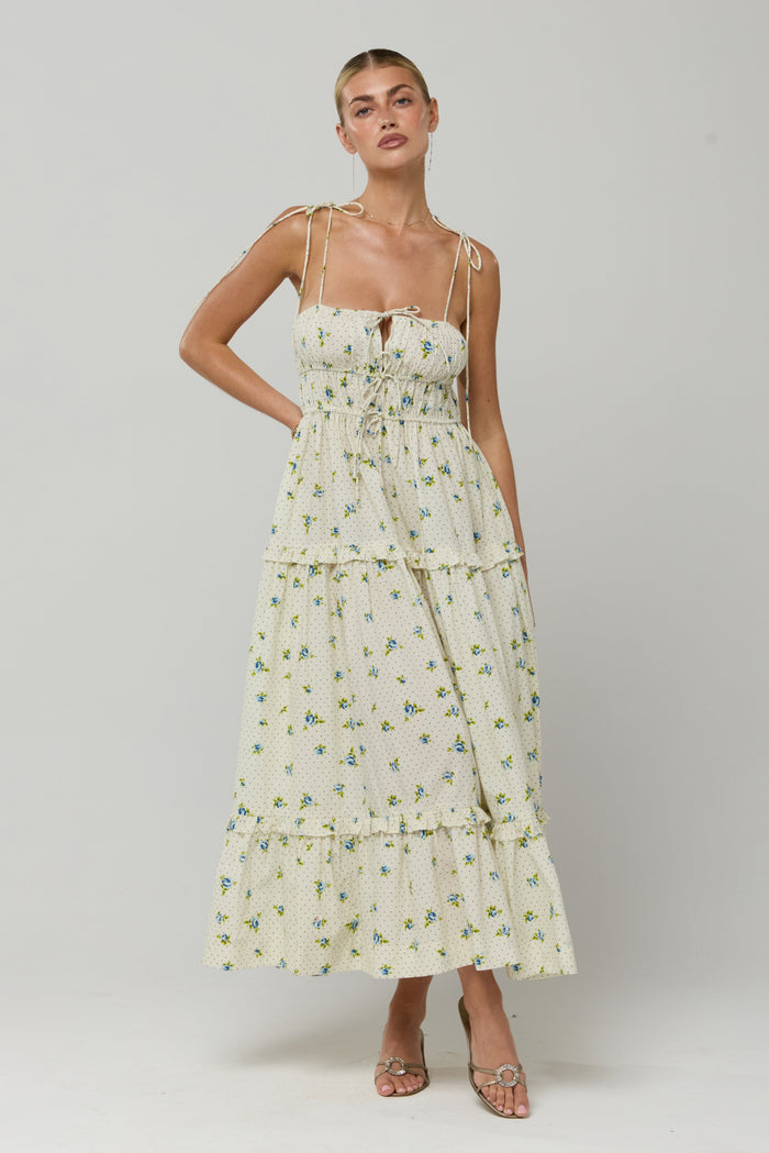 This is an image of Olivia Dress in Cotton Bluebell - RESA featuring a model wearing the dress