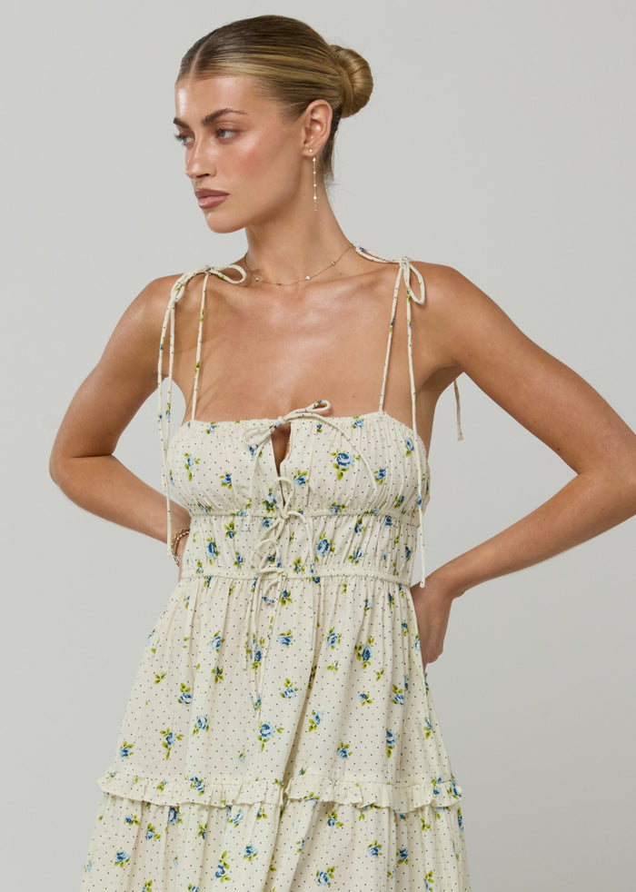 This is an image of Olivia Dress in Cotton Bluebell - RESA featuring a model wearing the dress