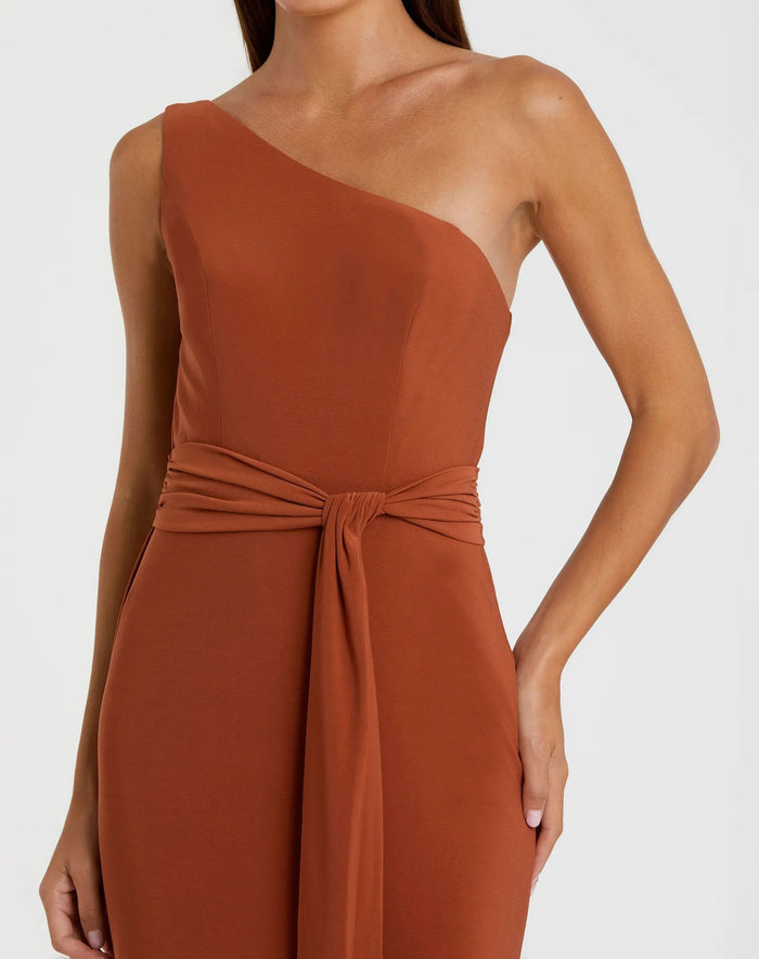 Orange Jersey One Shoulder Belted Trumpet Gown - Mac Duggal