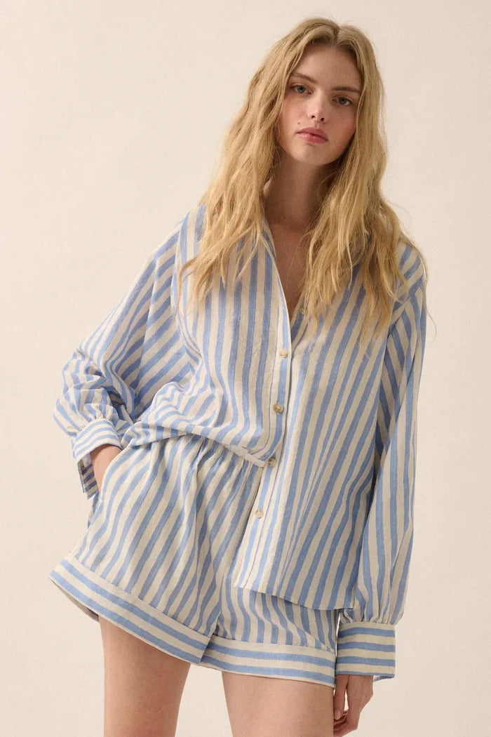 Pajama Party Striped Oversize Button-Up Shirt - ShopPromesa