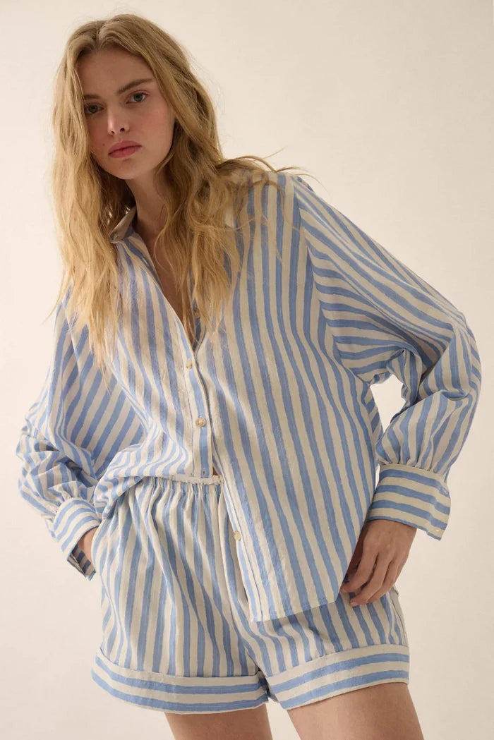 Pajama Party Striped Oversize Button-Up Shirt - ShopPromesa