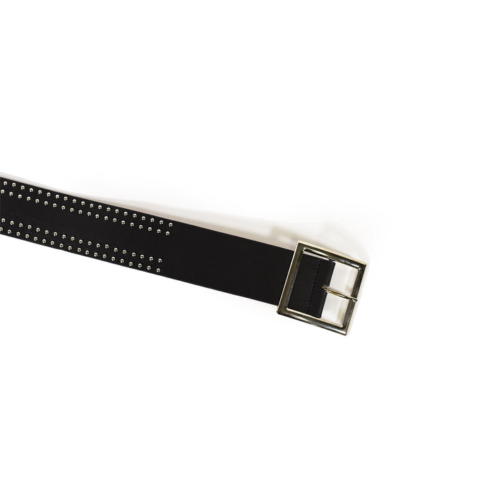 Paula Black Wide Waist Belt with silver studs and square metal buckle for Y2K and streetwear fashion outfits.