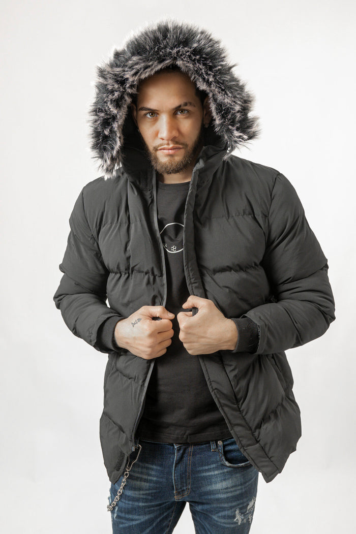 Men's Philip Puffer Coat in black with faux fur trim hood and streetwear quilted design.