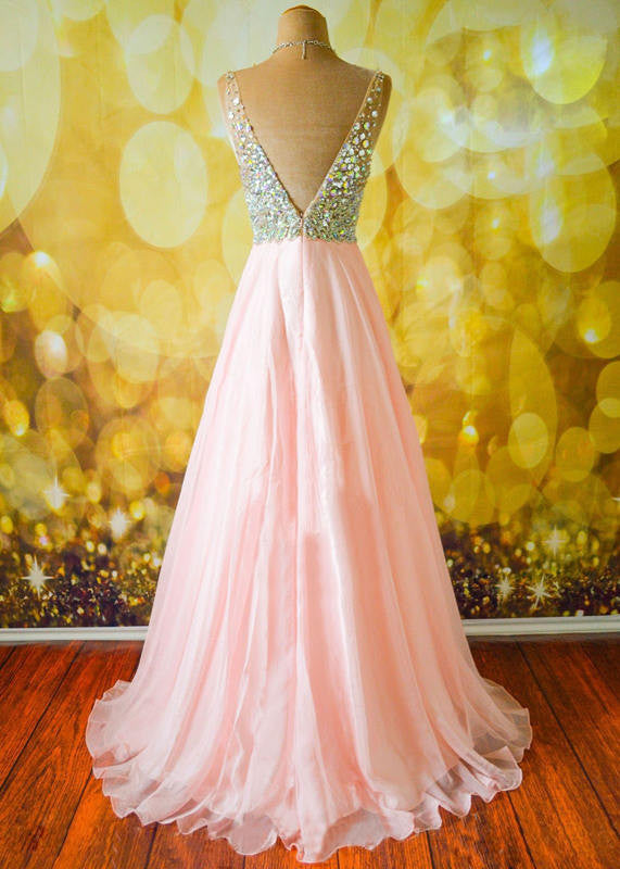 Pink A Line V Neck Sleeveless Long Prom Dresses, Pink V Neck Formal Dresses, Evening Dresses