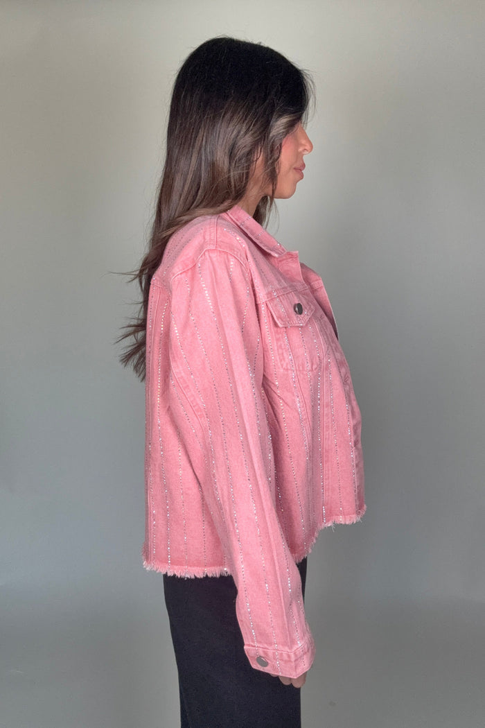 Style the Pink Crystal Stripe Denim Jacket exclusively at Born To Glam