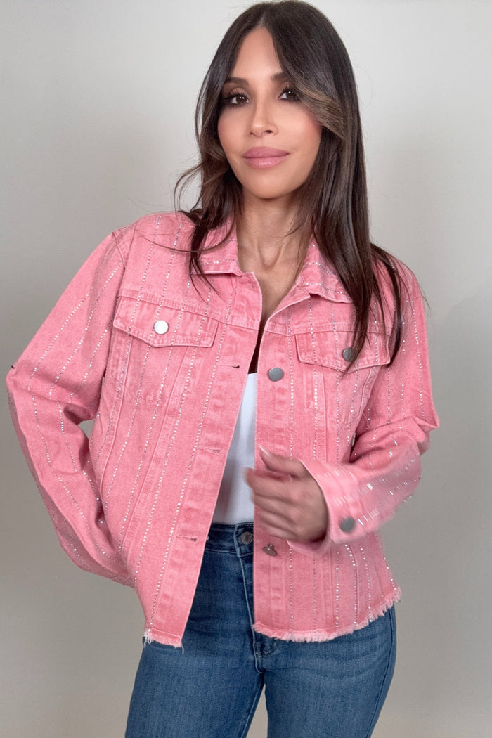 Style the Pink Crystal Stripe Denim Jacket exclusively at Born To Glam
