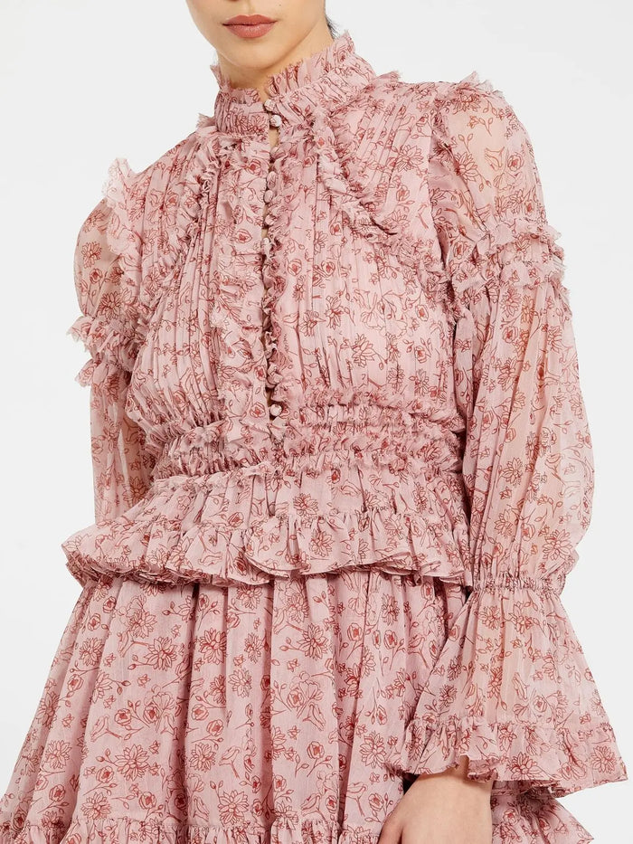 Pink Long Sleeve Mock Neck Ruffle Mini Dress - Ieena for Mac Duggal