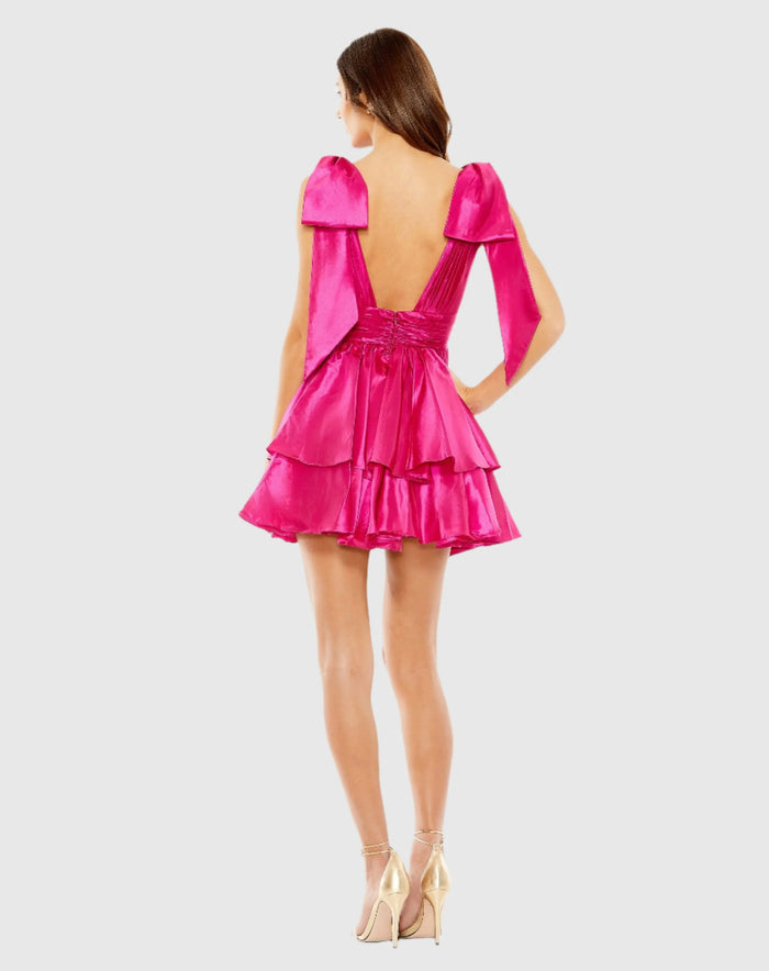 Pink Oversized Bow Deep V Ruffle Mini Dress - Mac Duggal