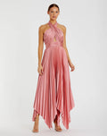 Pleated Halter Neck Asymmetrical Hem Gown - Mac Duggal