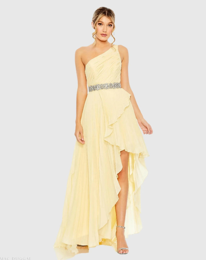 Yellow Pleated One Shoulder Asymmetrical Ruffle Hem Gown - Mac Duggal