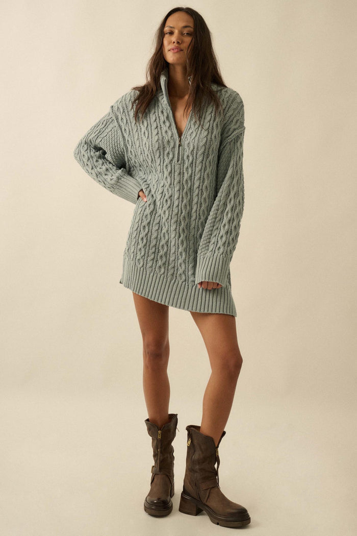 Plot Twist Half-Zip Cable Knit Sweater Dress - ShopPromesa