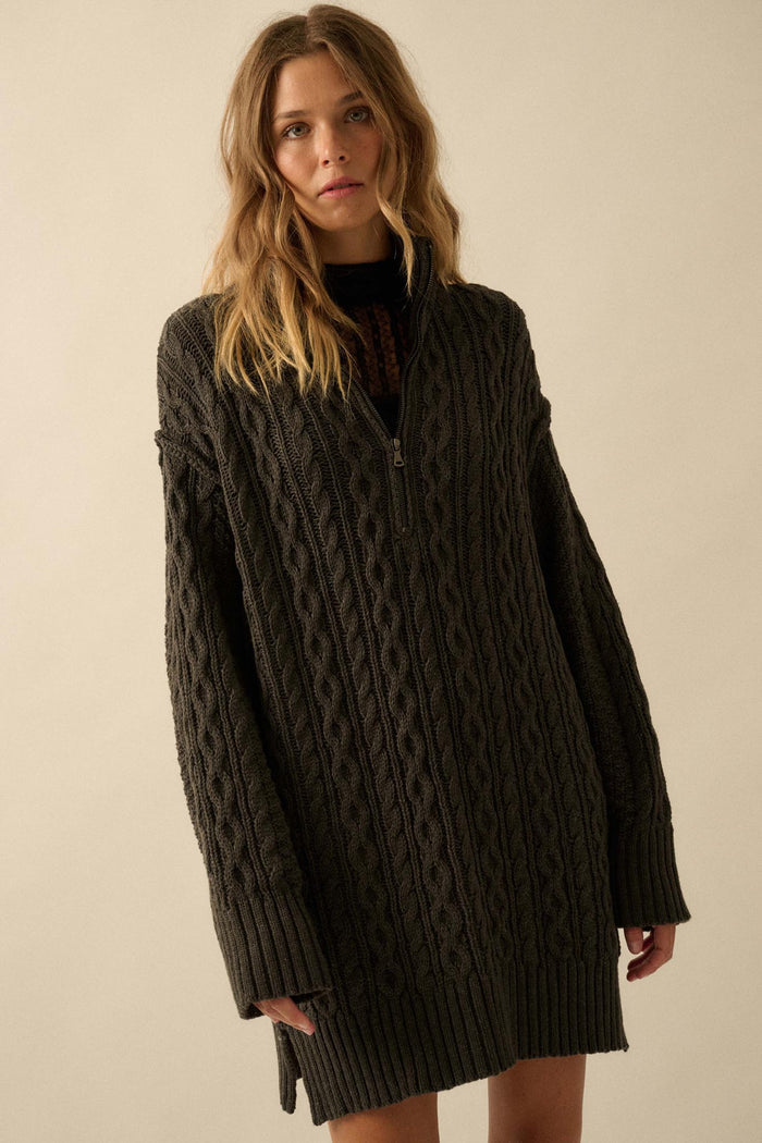 Plot Twist Half-Zip Cable Knit Sweater Dress - ShopPromesa