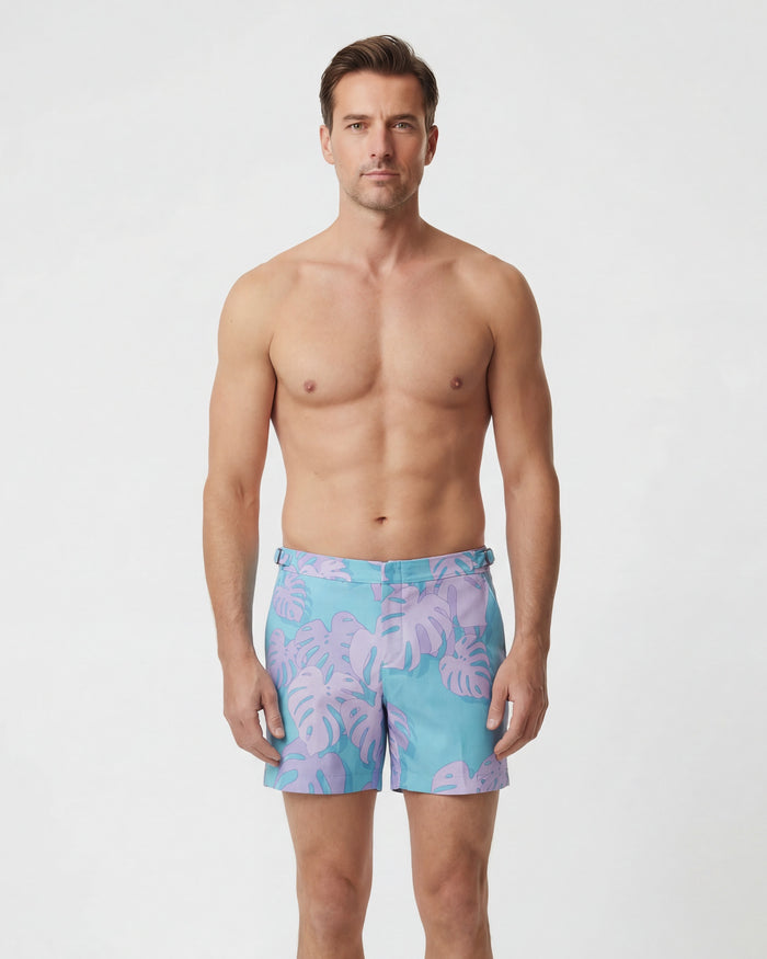 POOL MONSTERA FLORAL TEAL MENS TAILORED SWIM SHORT